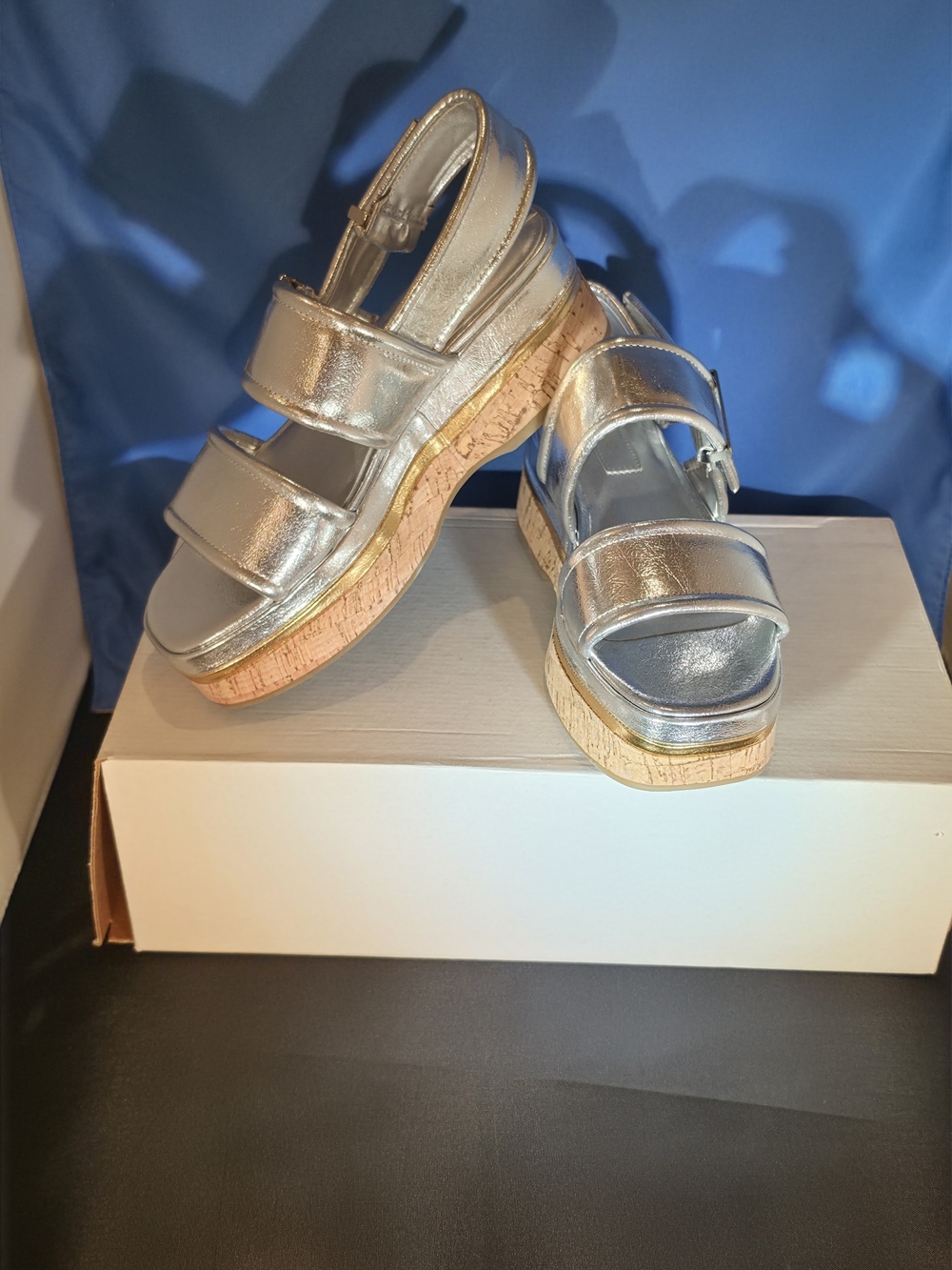 Franco Sarto Metallic Silver Cork Wedge Sandals